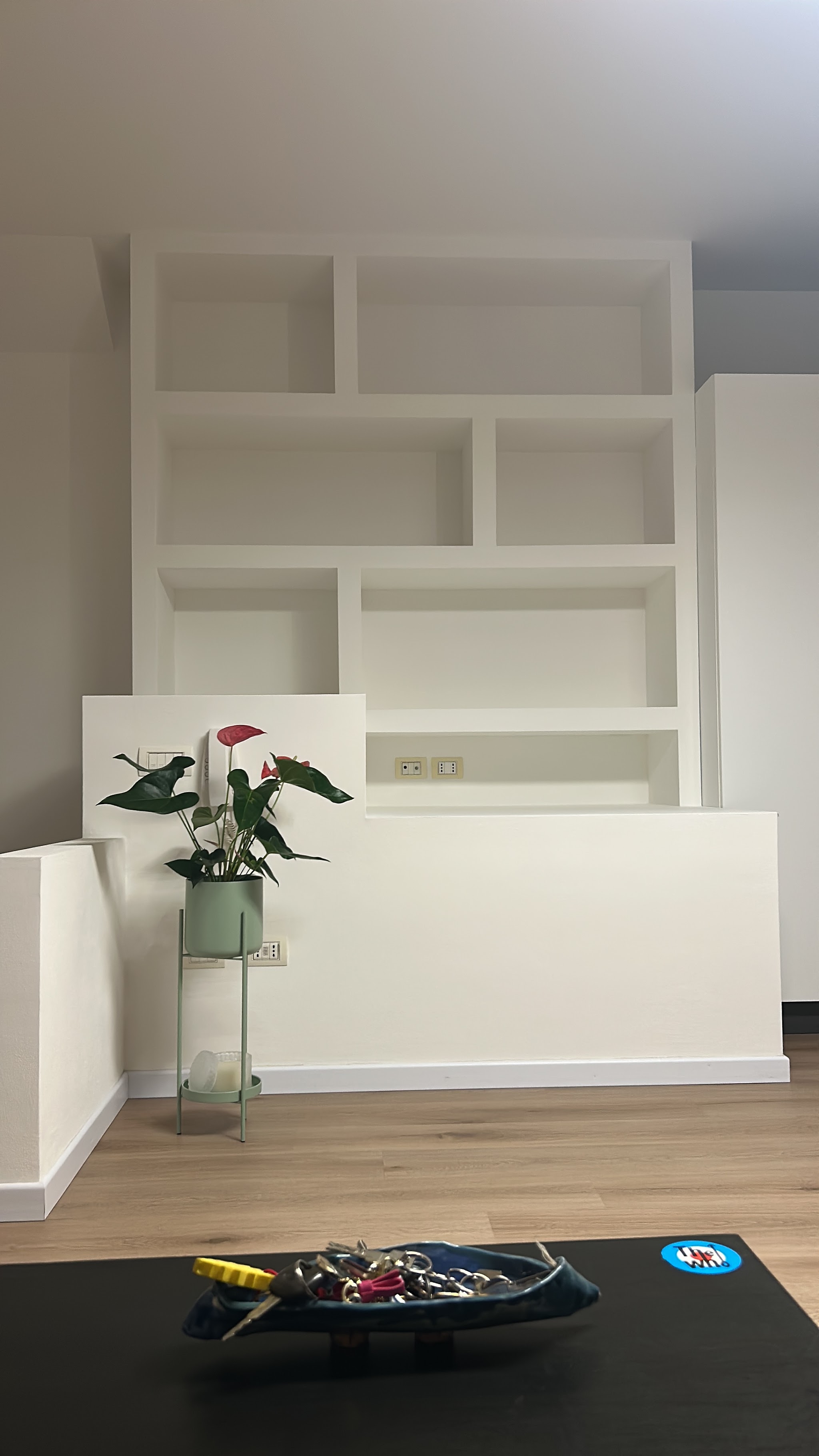 Ambiente interno con libreria bianca a parete